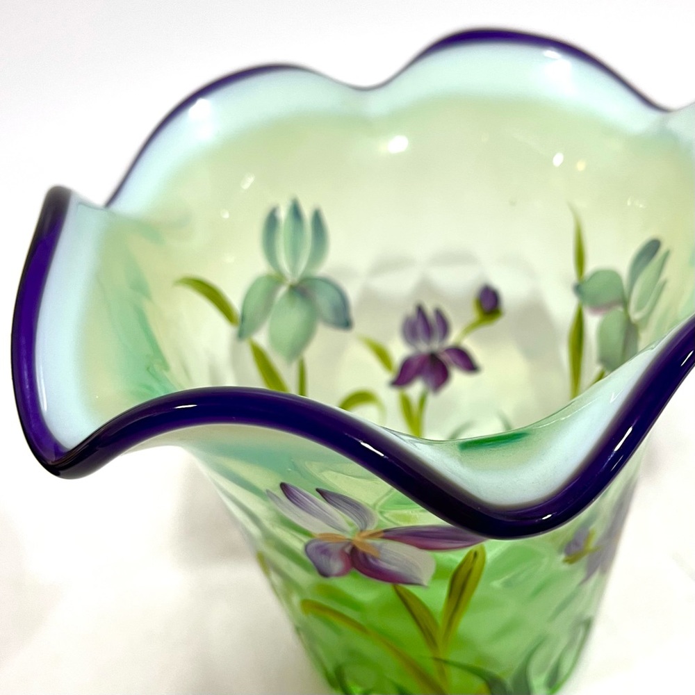 Fenton Desisgner Showcase Series Hand Painted Green Purple Vase Triple Signed - Picture 9 of 17